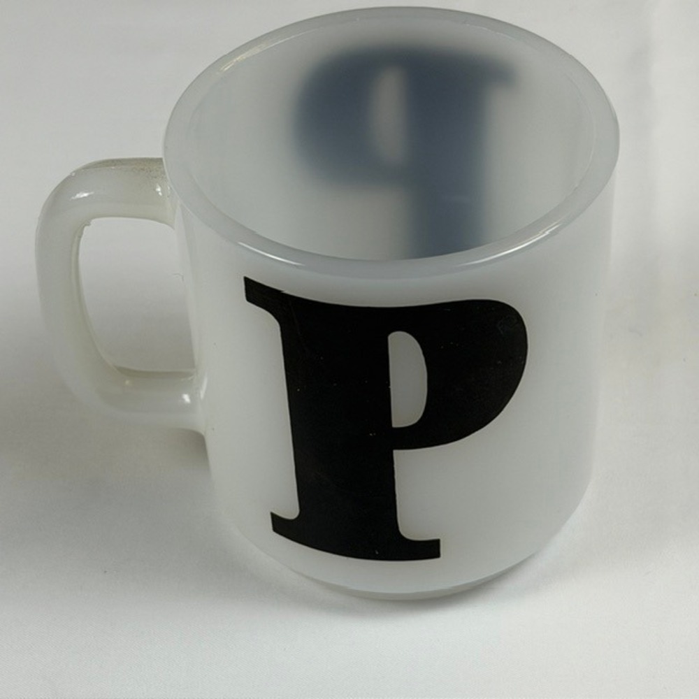 Vintage Glasbake Milk Glass Initial P Coffee Mug White Heat Resistant 79 58